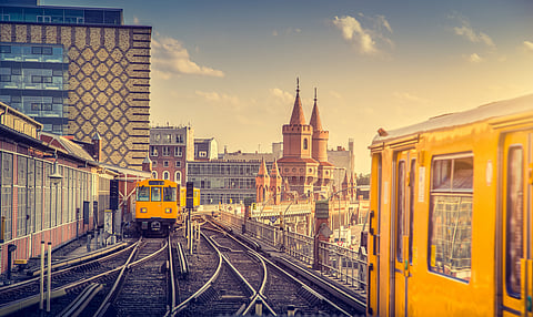 A view of Berliner U-Bahn with Oberbaum Bridge in the background